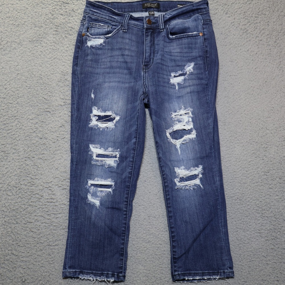 Judy Blue Distressed Skinny Fit Capri Jeans Medium Wash Raw Hem JB82271DK‎ 7/28